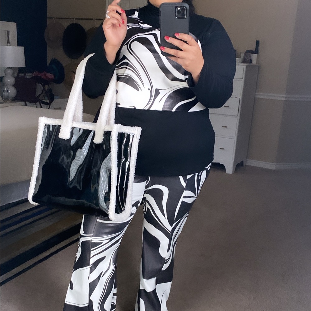 Faux Leather Marble Print Flare Pant and Top